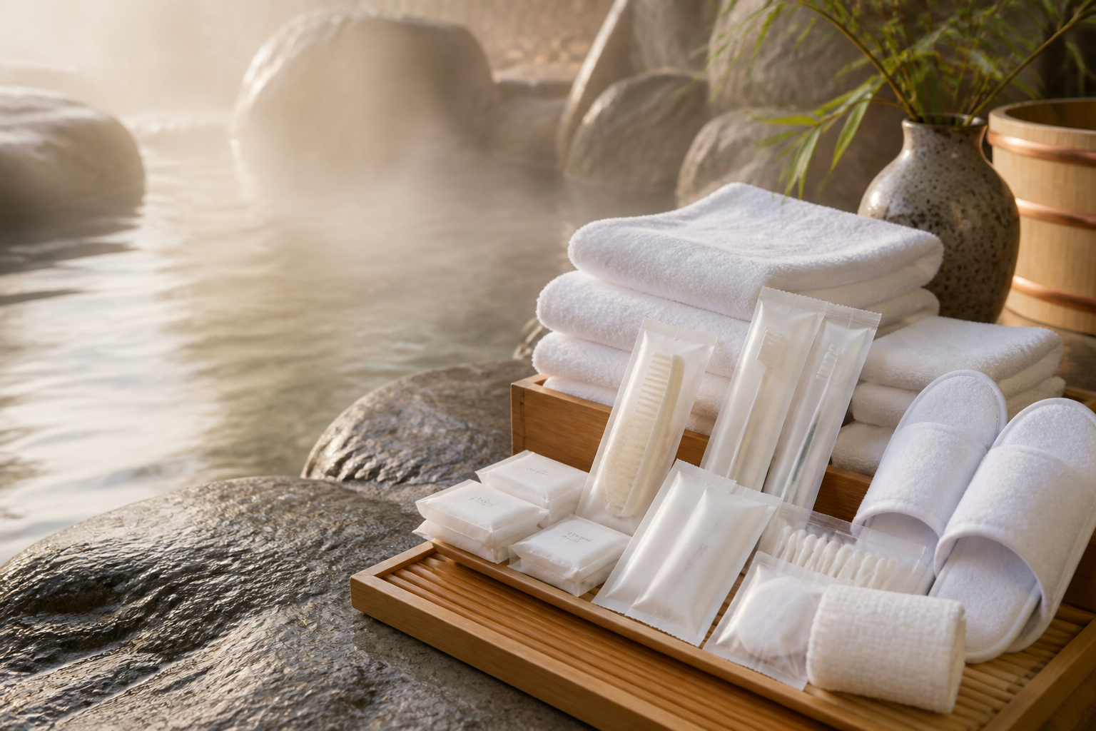 Japanese-style onsen bath amenities with towels and disposable guest supplies